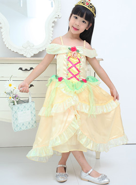 cosplay儿童表演舞台演出服装黄色连衣裙蓬蓬裙贝尔公主裙