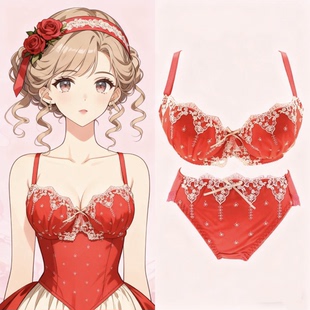 17N1新款 文胸蝴蝶结85C90BCD75 可爱薄棉杯大红本命年刺绣内衣套装
