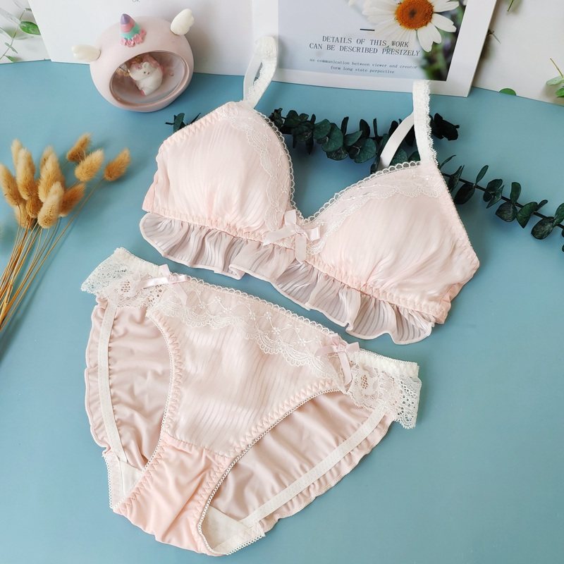 1751新款甜美日系三角杯少女心二次元蓝色无钢圈薄X杯文胸套装夏