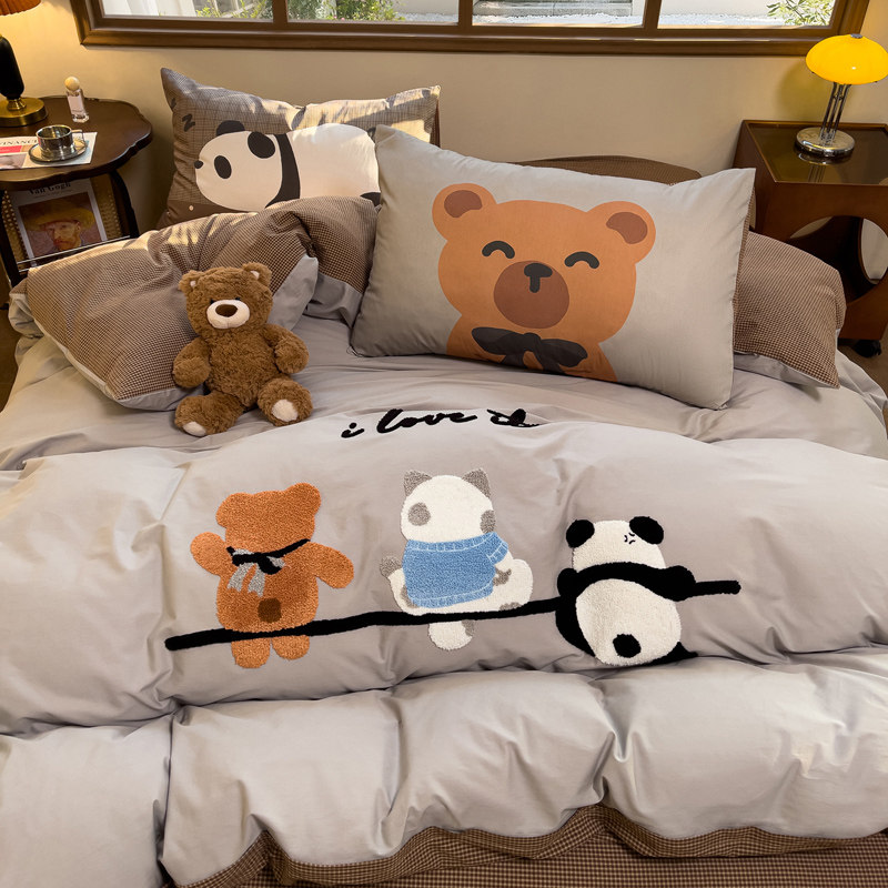 卡通四件套水洗棉毛巾绣1米5床单被套三四件套纯棉全棉套件1.8m床