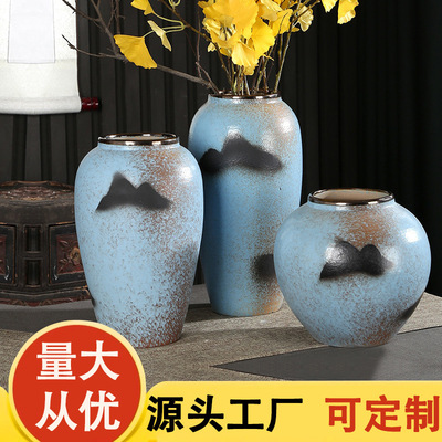 景德镇陶瓷花瓶复古蓝山水画新中式台面花盆客厅桌面插花花盆