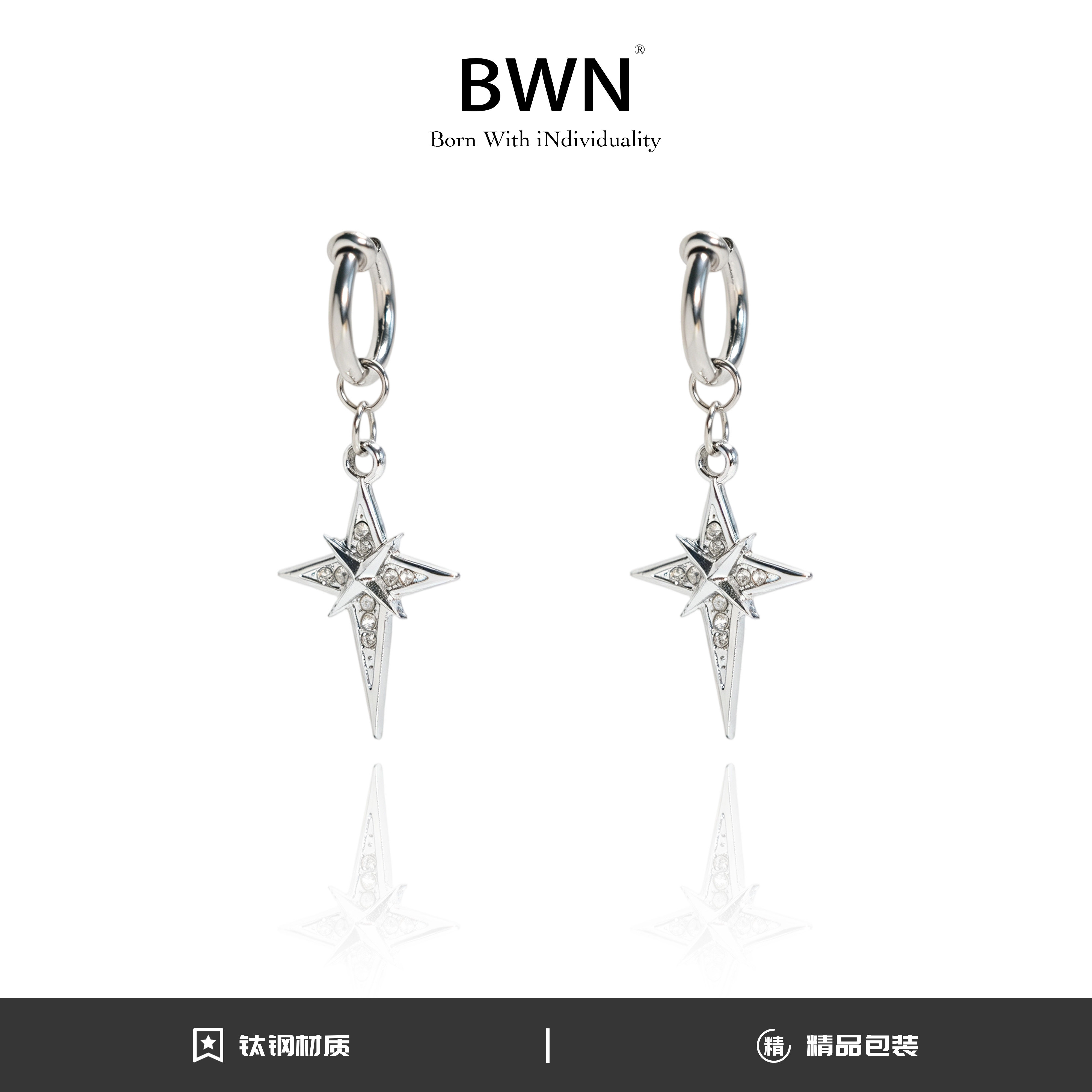BWN 钛钢合成锆石耳饰 碎钻星星弹簧耳夹新款气质轻奢小众百搭