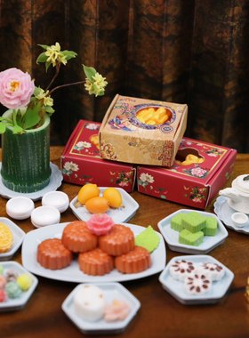 迷你食玩微缩玩具ob小布娃屋中式雕花盘月饼竹筒杯模型R7
