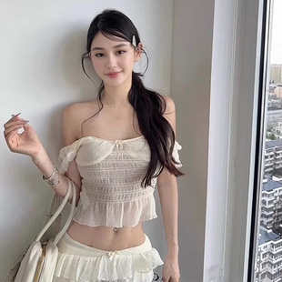 2026新款 女泳衣一字肩荷叶边分体泳衣女白色度假风无胸垫泳装