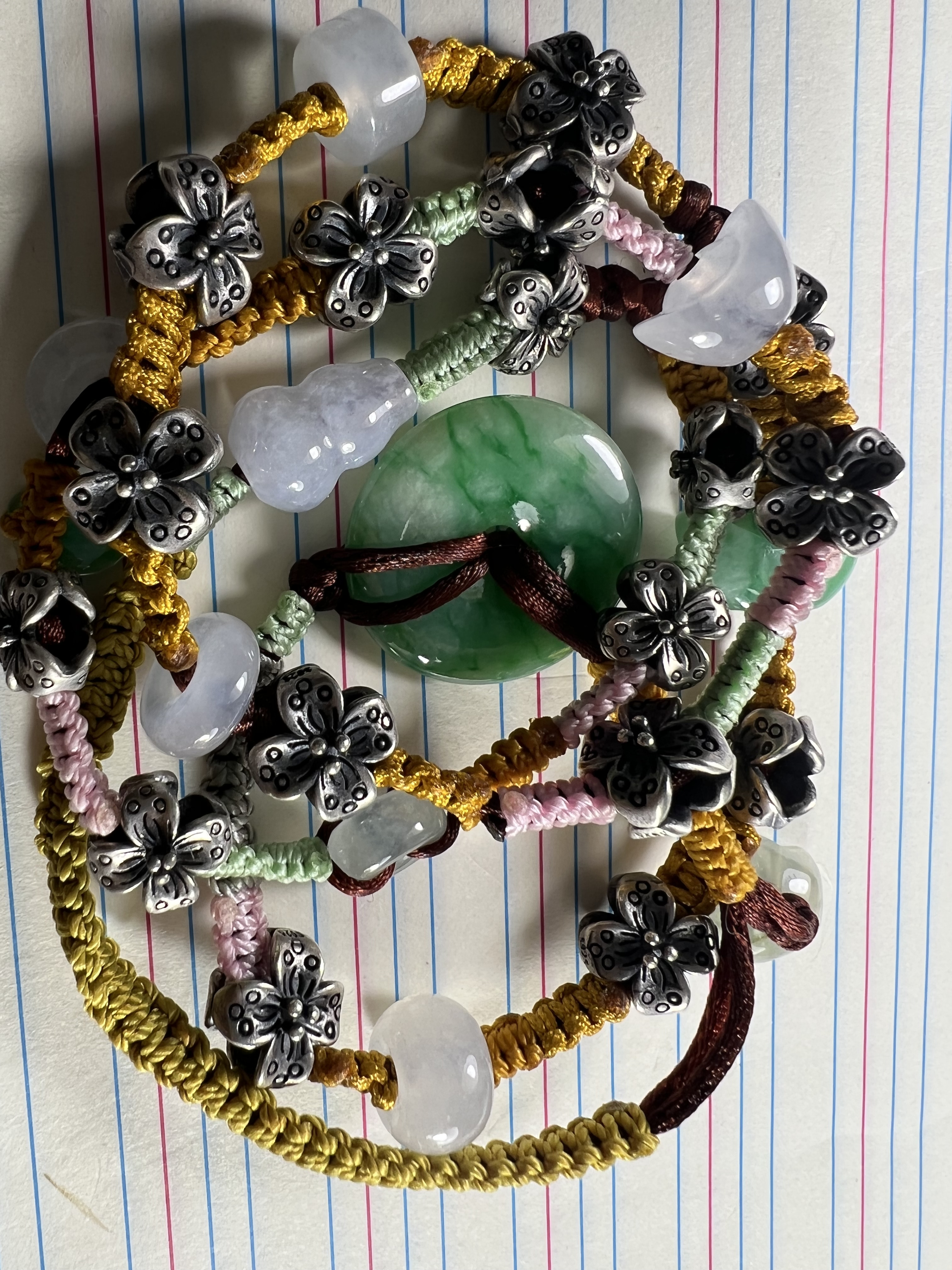 天然缅甸A货翡翠冰种飘花925银平安扣小花路路通手绳手链