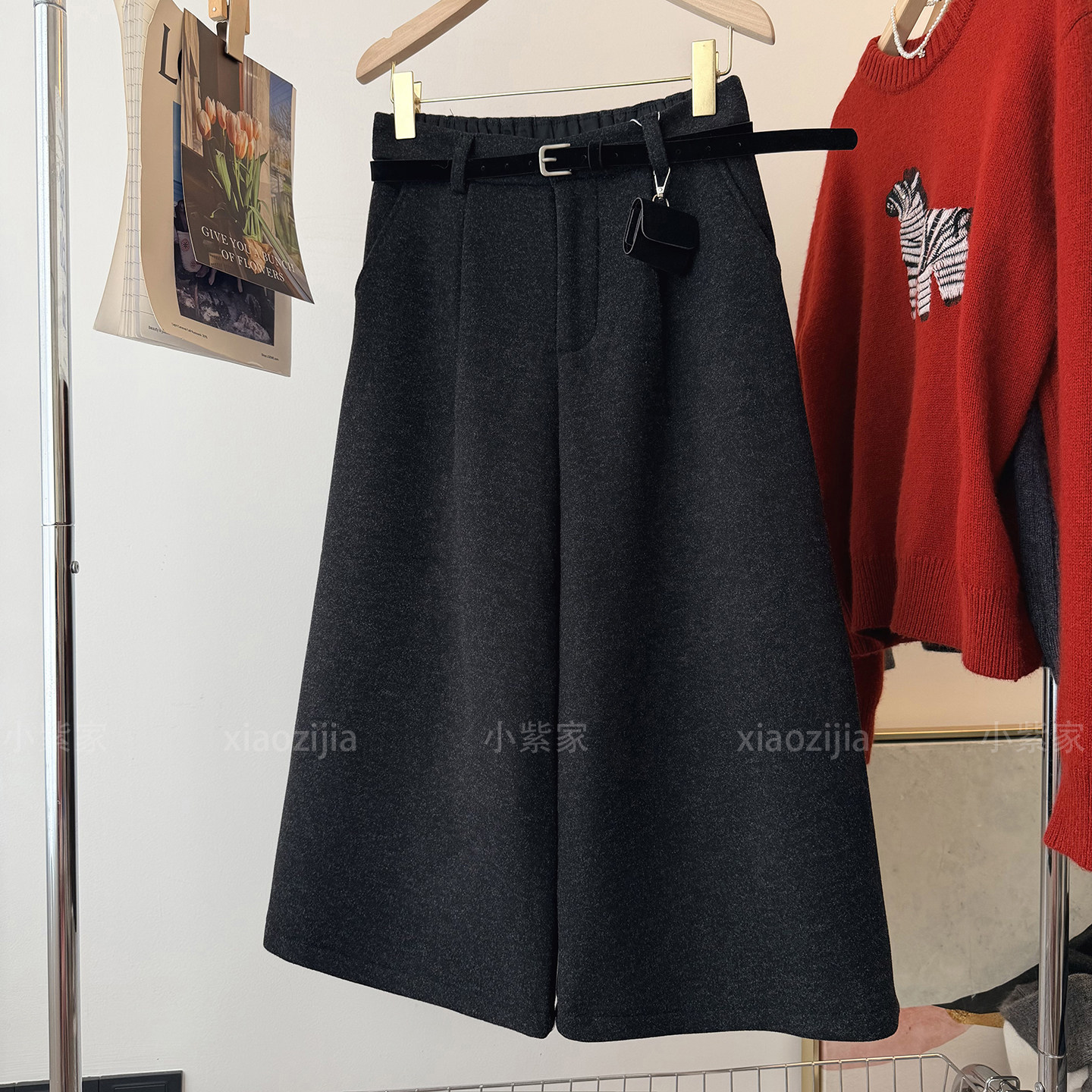 黑灰色高腰毛呢加绒休闲阔腿裤女秋冬2025新款宽松显瘦百搭八分裤