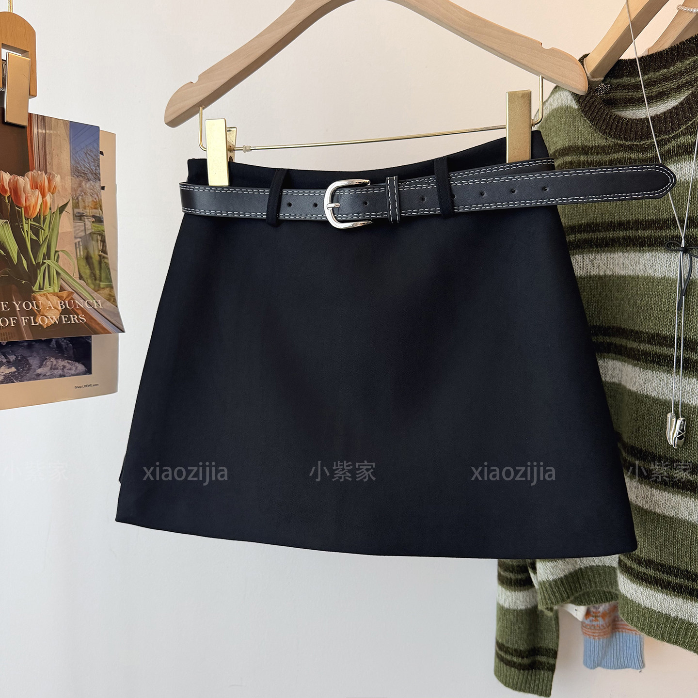 小个子黑色裙裤a字半身裙女秋冬百搭短裙高腰配皮带显瘦防走光款