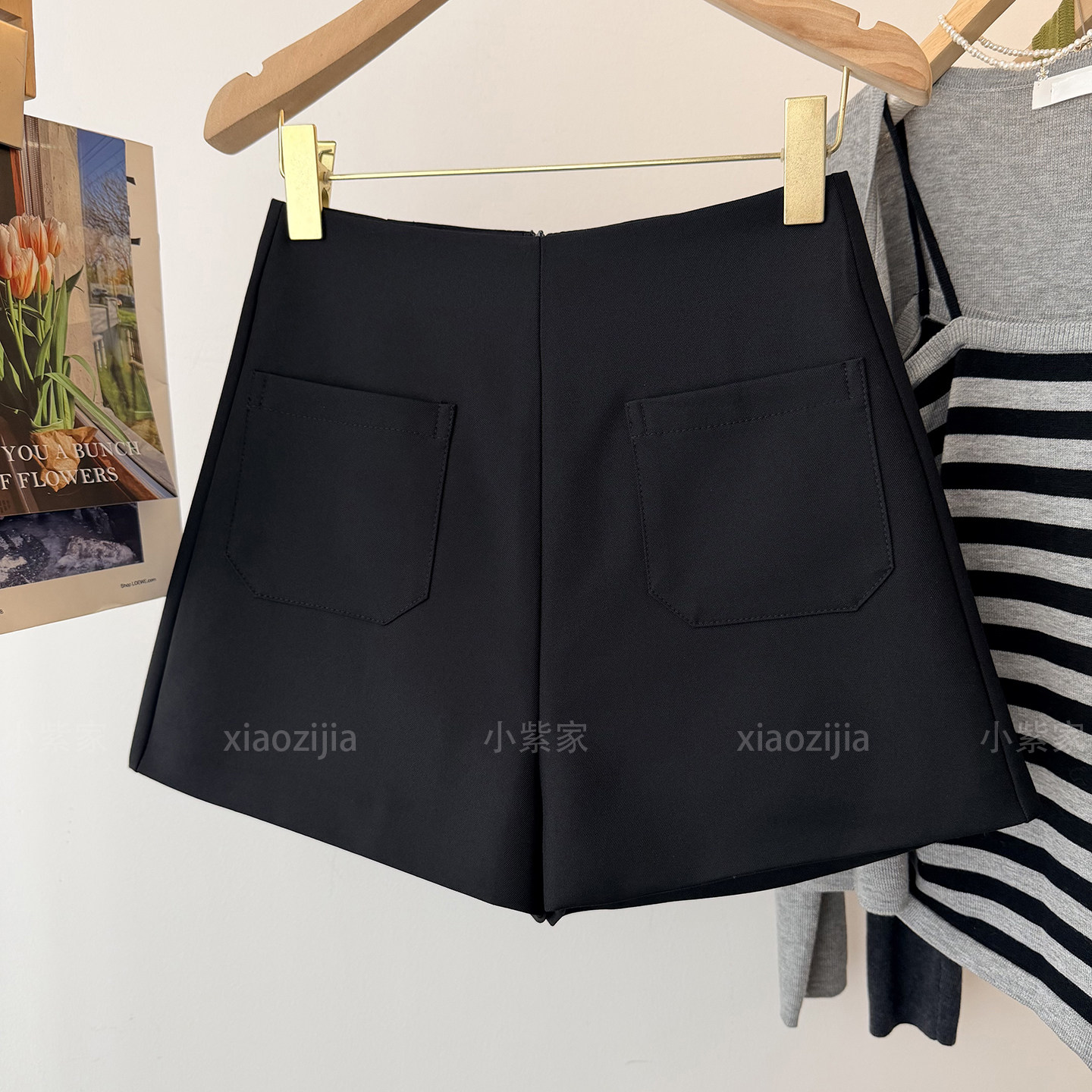 黑色高腰后拉链口袋装饰休闲西装料a字短裤女2026春夏新款阔腿裤