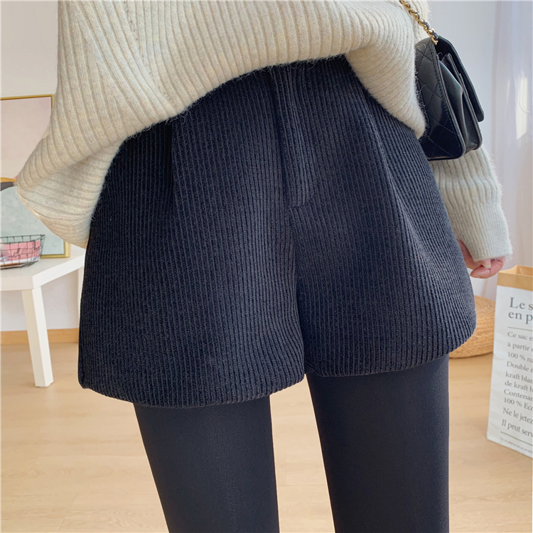 黑色灯芯绒毛呢短裤女2025秋冬季款打底松紧高腰阔腿裤百搭外穿