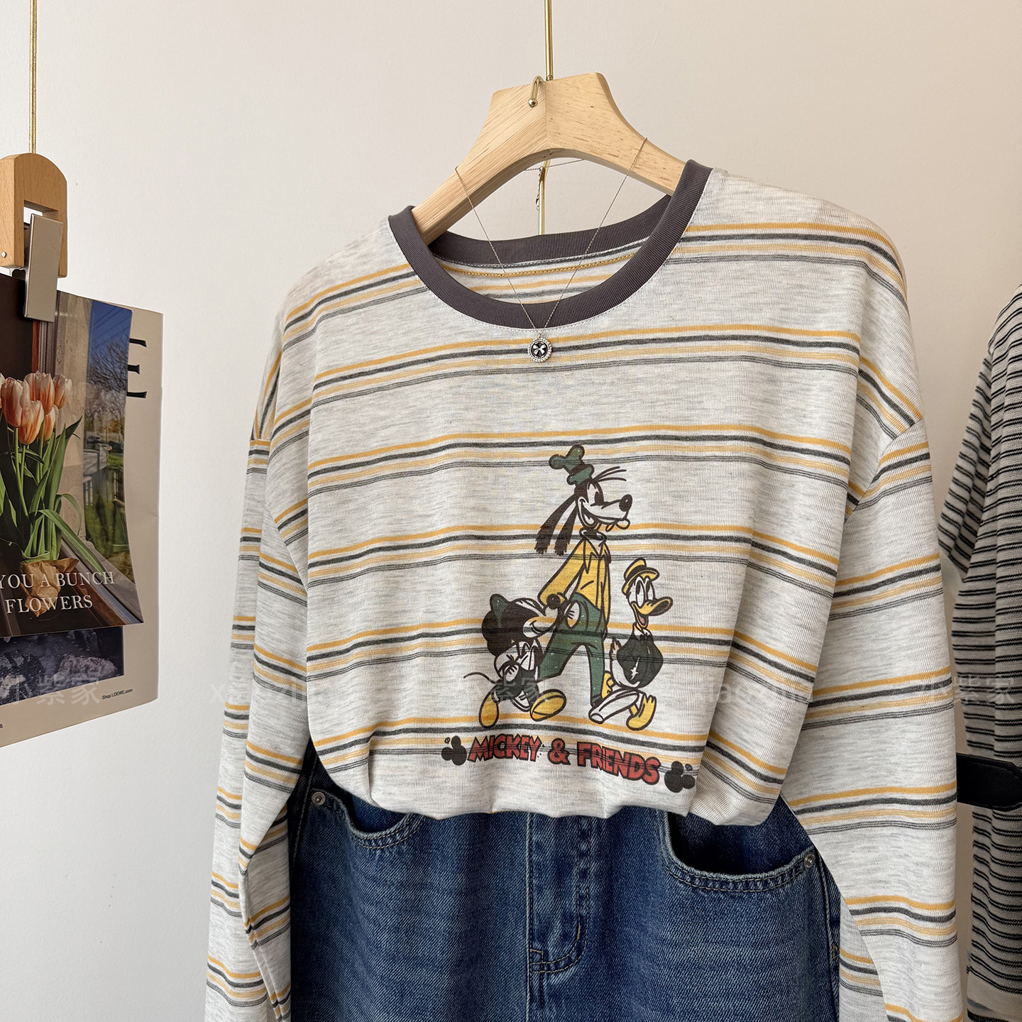 黄色条纹卡通字母宽松套头长袖防晒t恤衫女夏季薄新款中长款上衣