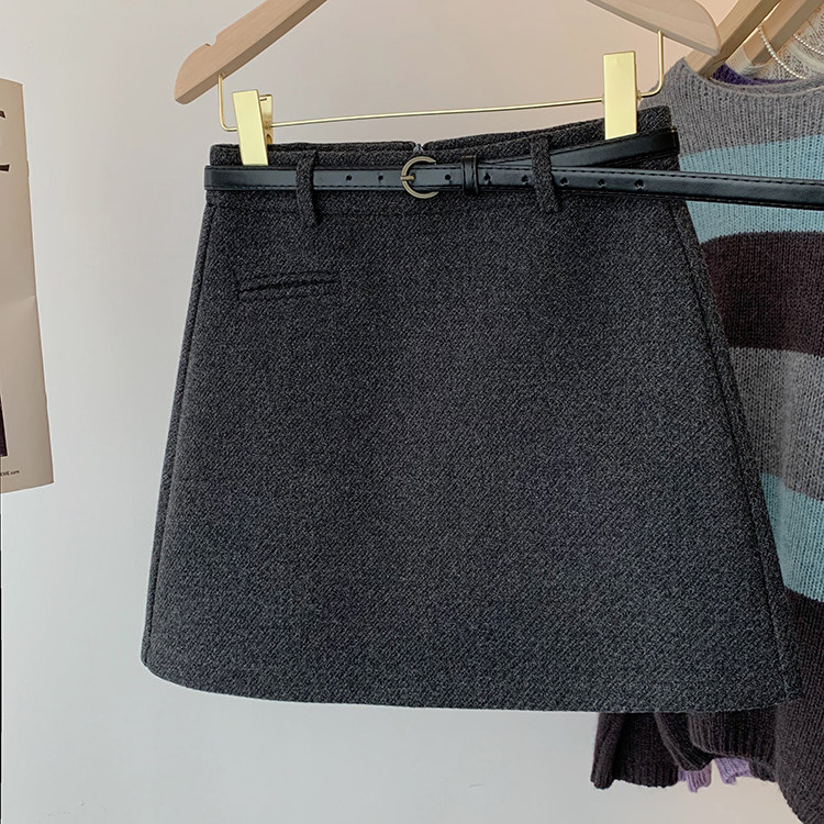 深灰色高腰a字显瘦小个子半身包臀毛呢短裙女2024秋冬款打底外穿