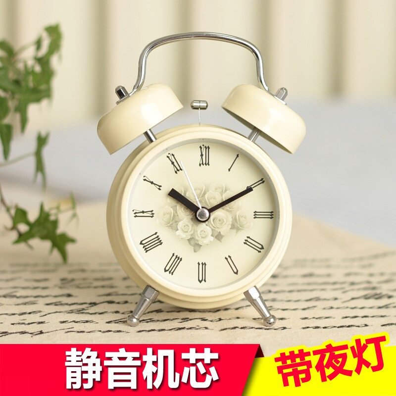 静音无声田园小闹钟可爱卡通创意床头学生打铃闹表大声音闹铃夜光