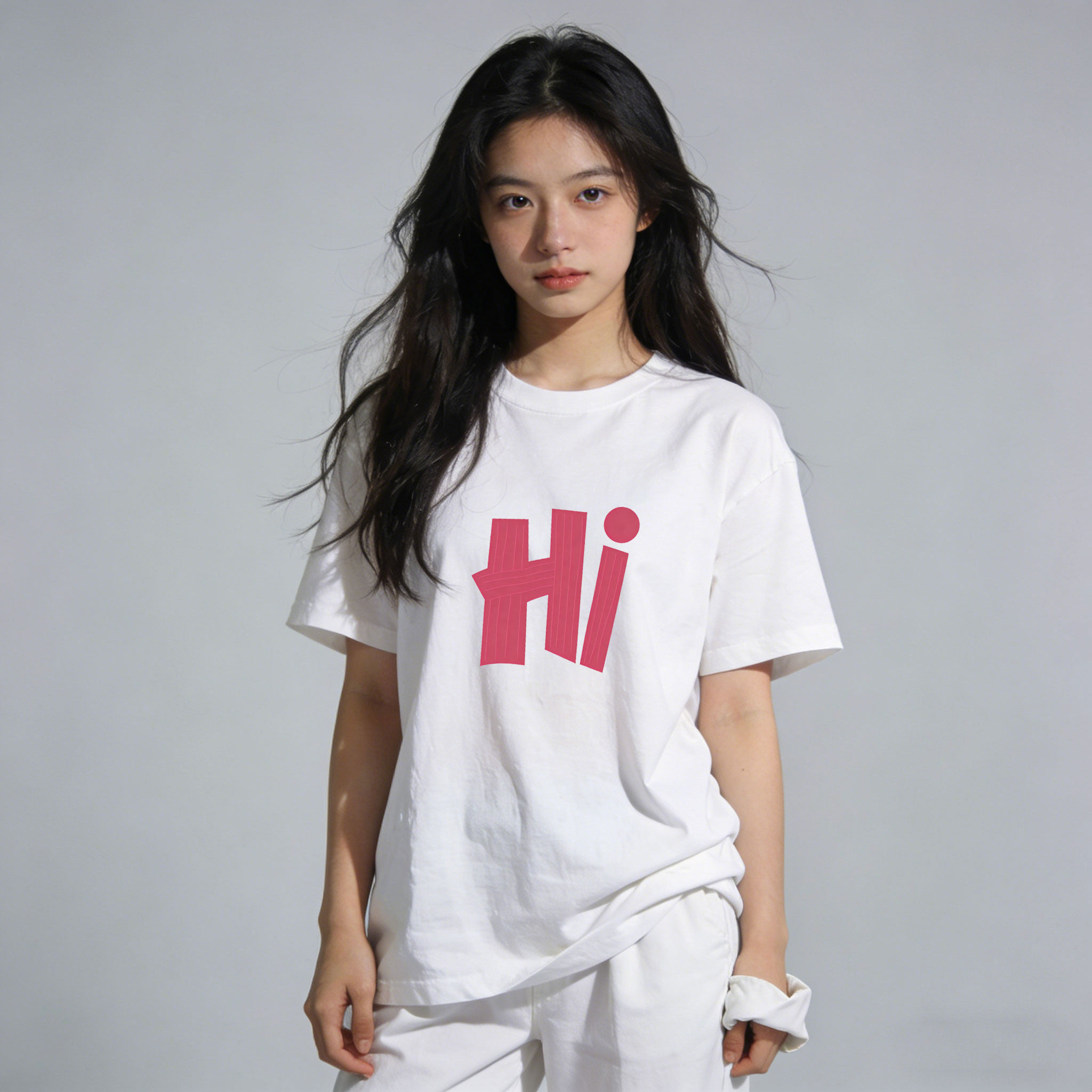 Hi字母印花短袖T恤女圆领宽松oversize重磅白色休闲纯棉上衣潮牌