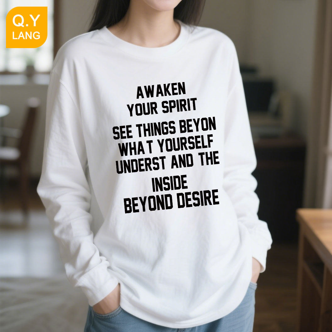 春秋纯棉长袖t恤女宽松圆领字母印花上衣秋冬休闲时尚白色打底衫