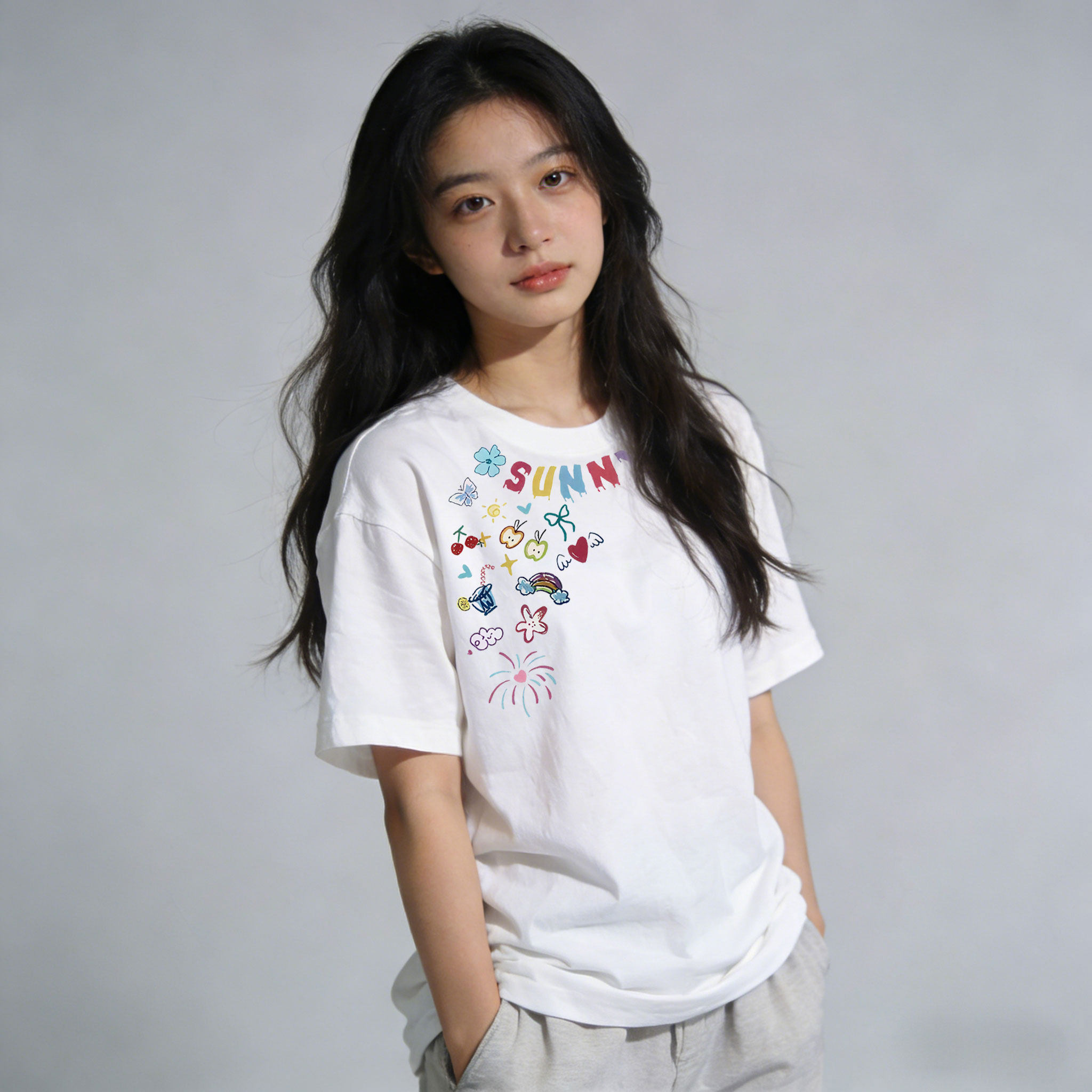 夏季纯棉短袖宽松圆领t恤女士休闲印花白色全棉半截袖2026年新款