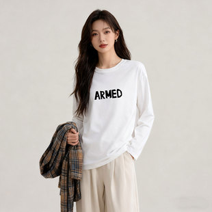 纯棉百搭长袖白色t恤女圆领春秋内搭打底衫宽松大码体恤简约上衣