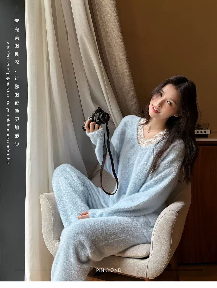 法式仿貂绒蕾丝V领睡衣女套装秋冬加厚高级感轻奢保暖长袖家居服