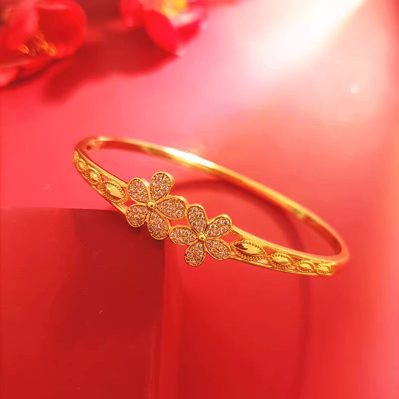 结婚时尚情侣民族风女款手镯手镯沙金二朵金花微镶大气卡扣手镯