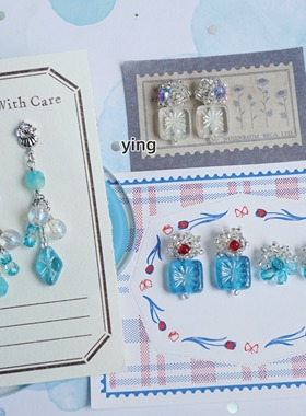 Ying.原创设计蓝色清爽夏日女士纯银耳钉耳饰耳夹