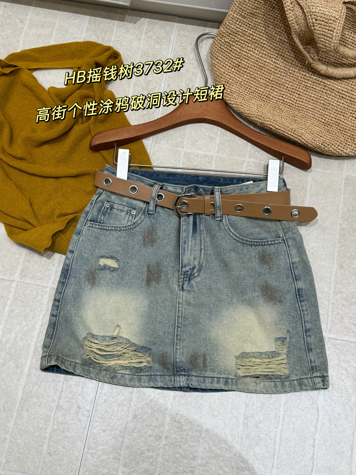 3732复古高腰牛仔短裙女夏季新款腰带显瘦阔腿a字裙裤百搭小个子
