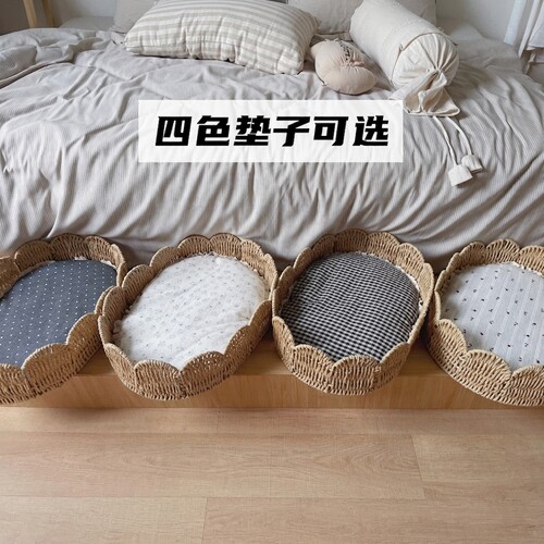 TOKKI手工编织草编狗窝椭圆形波浪边宠物床四季通用小型犬猫窝