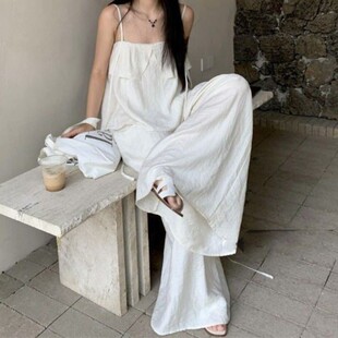 海边度假风套装女款白色吊带背心夏季阔腿长裤休闲裤子外穿两件套