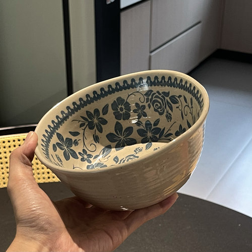 复古陶瓷面碗6寸异形汤碗釉下彩印花碗陶瓷大容量米饭碗中古风碗