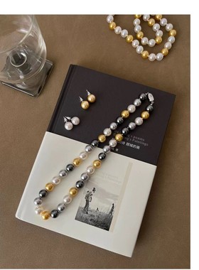 施家茶金澳白真多麻灰混彩色珍珠项链女轻奢小众高级感锁骨链颈链