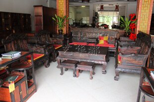 仙游红木家具/大红酸枝黑料扶手如意大宝座沙发十三件/实木