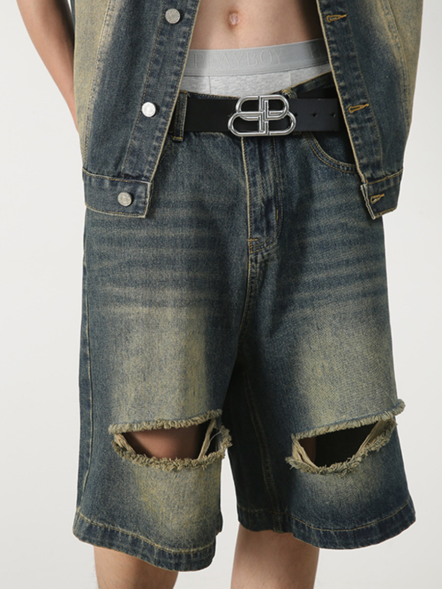 HBZ DESIGN AMERICAN STREET HIP HOP VINTAGE NOSTALGIC CUT FRIED STREET DENIM SHORTS FIVE-POINT WIDE-LEG PANTS FOR MEN AND WOMEN