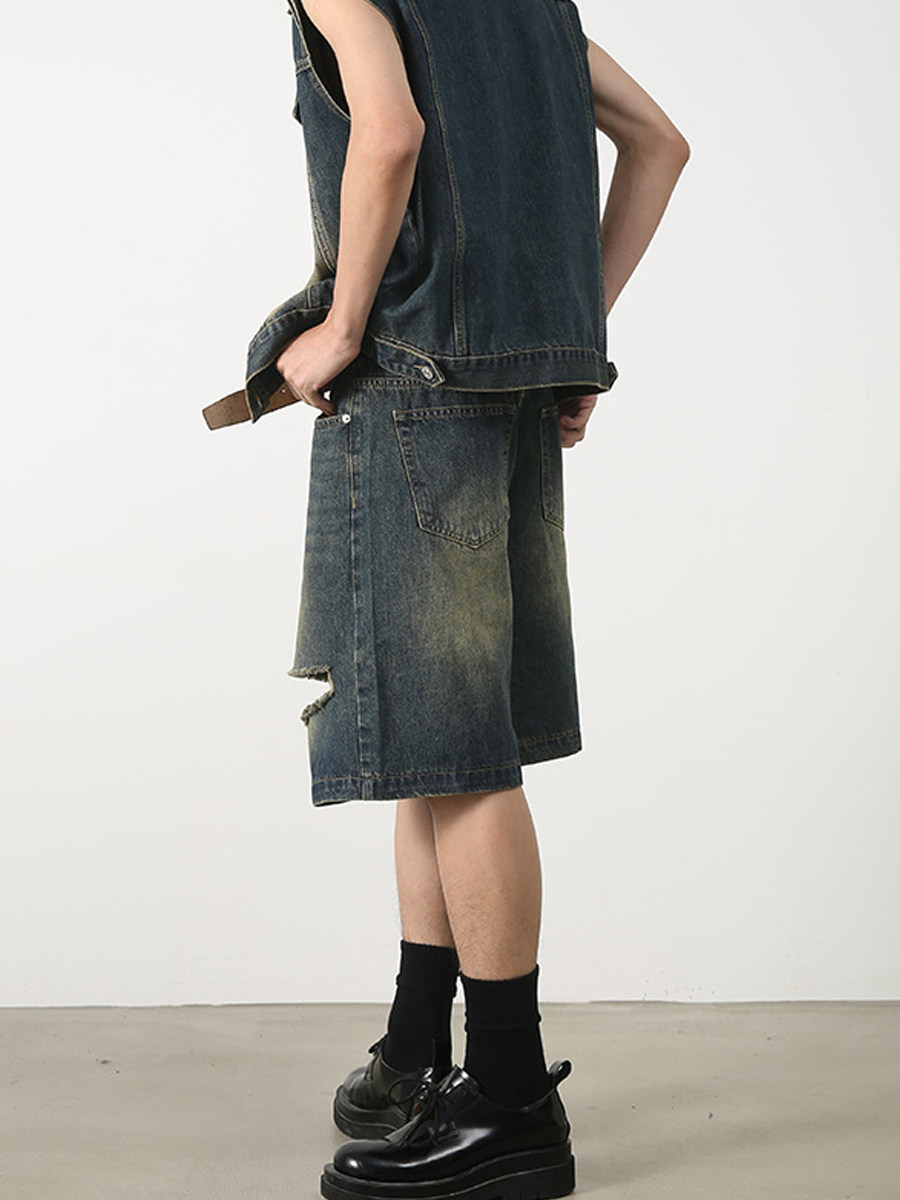 HBZ DESIGN AMERICAN STREET HIP HOP VINTAGE NOSTALGIC CUT FRIED STREET DENIM SHORTS FIVE-POINT WIDE-LEG PANTS FOR MEN AND WOMEN