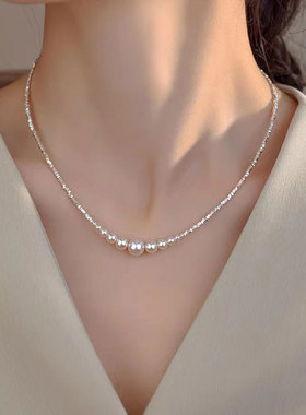 持恒s925纯银渐变施家珍珠碎银子项链女韩国夏简约优雅气质锁骨链