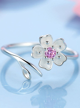 方行S925纯银网红潮流樱花戒指女甜美花朵指环清新学生镶钻食指戒