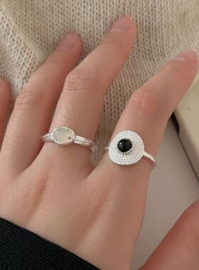 持恒S925纯银黑玛瑙草帽戒指女小众独特时尚百搭指环开口可调节潮