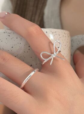 持恒S925纯银极简蝴蝶结开口戒指女2026年夏新款个性简约素圈指环