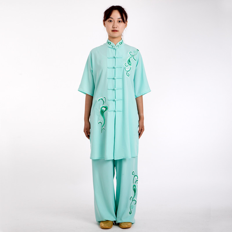拳心拳意新款夏季薄款太极服丝麻女款薄荷绿刺绣花中长款修身短袖