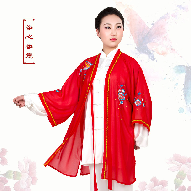 拳心拳意太极服练功服披纱披肩披风表演服红色绣花男女款垂顺飘逸