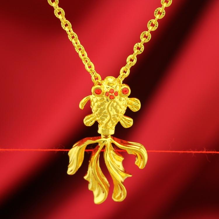 久不掉色3D硬金红眼睛金鱼镀金越南沙金坠子999足金色黄金项链