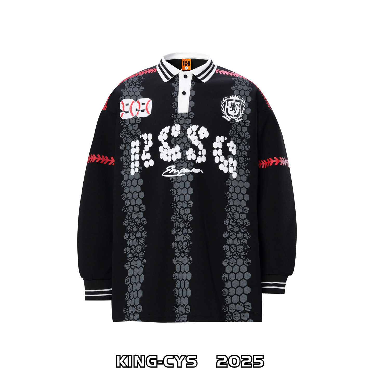 美式复古运动风字母发泡印花POLO衫长袖翻领T恤男女宽松上衣秋装