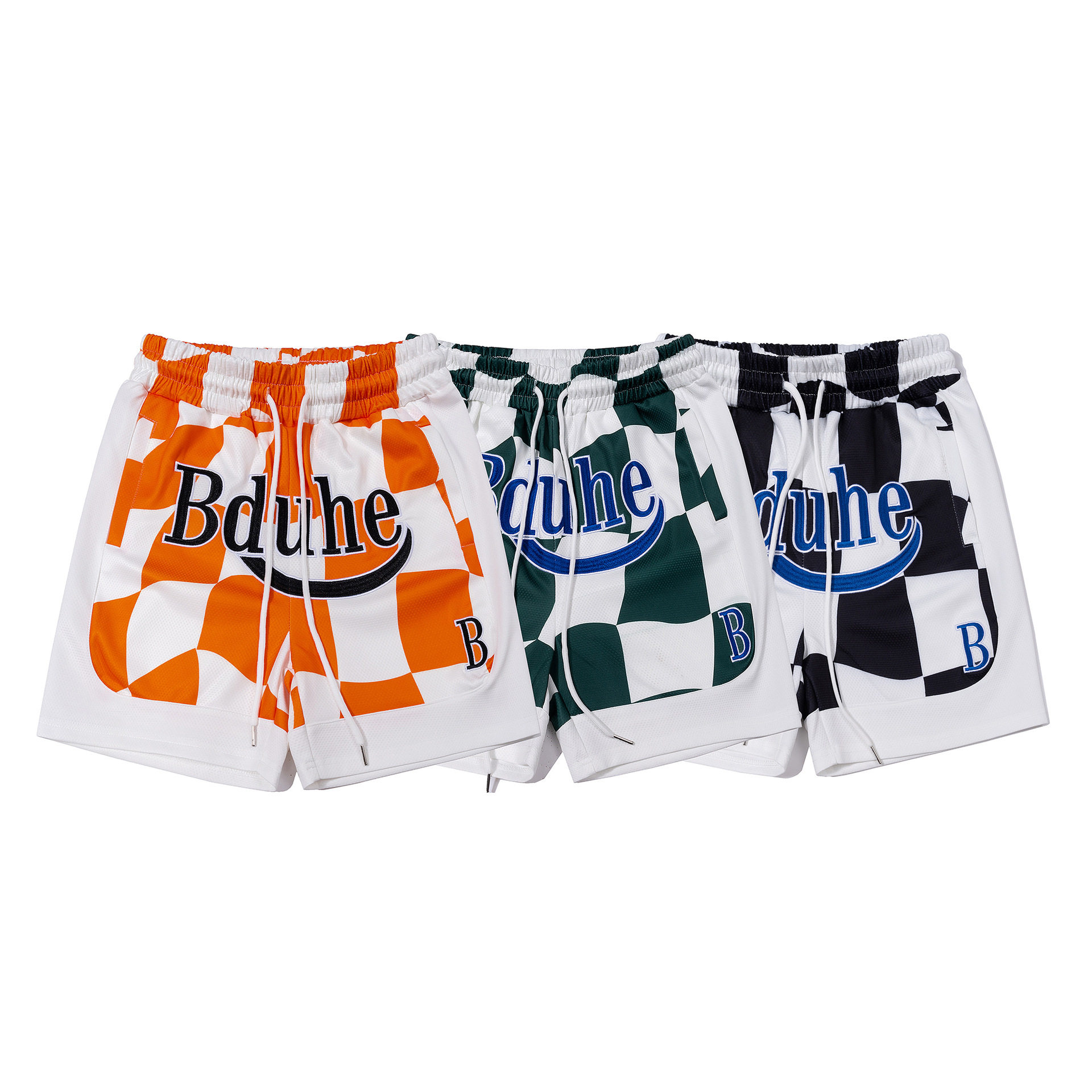 美式学院复古风字母刺绣格子印花网眼篮球短裤潮男宽松运动休闲裤