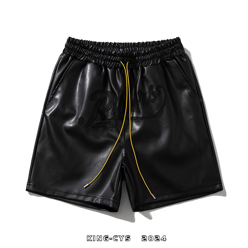 日系原宿风韩版美式街头字母刺绣男女小众高级感PU皮裤夜店短裤子