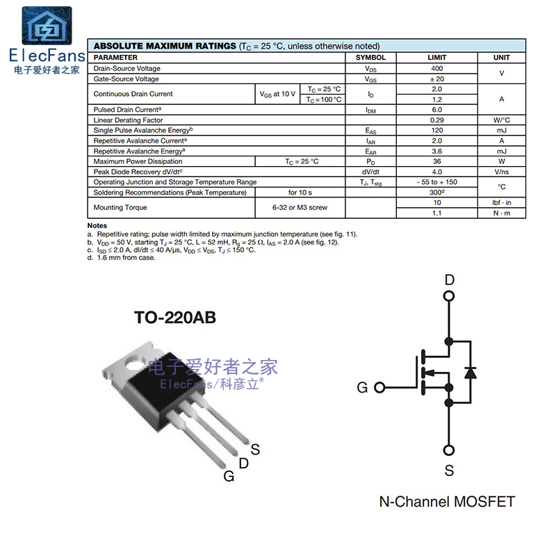 (5个)IRF710场效应管MOS管 IRF710PBF 2A 400V N沟道直插TO-220