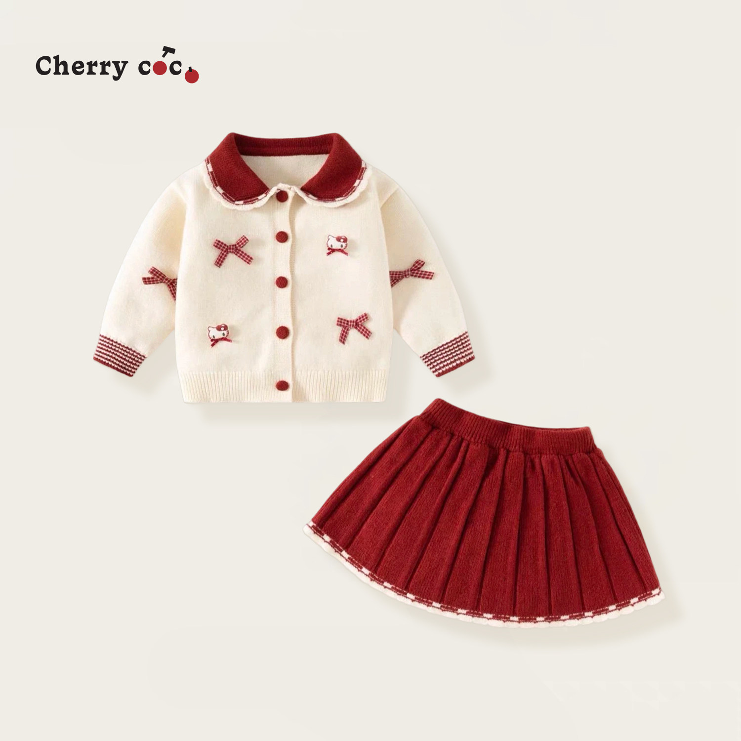 Cherrycoco女童套装秋冬新款女宝宝洋气卡通蝴蝶结针织毛衣二件套
