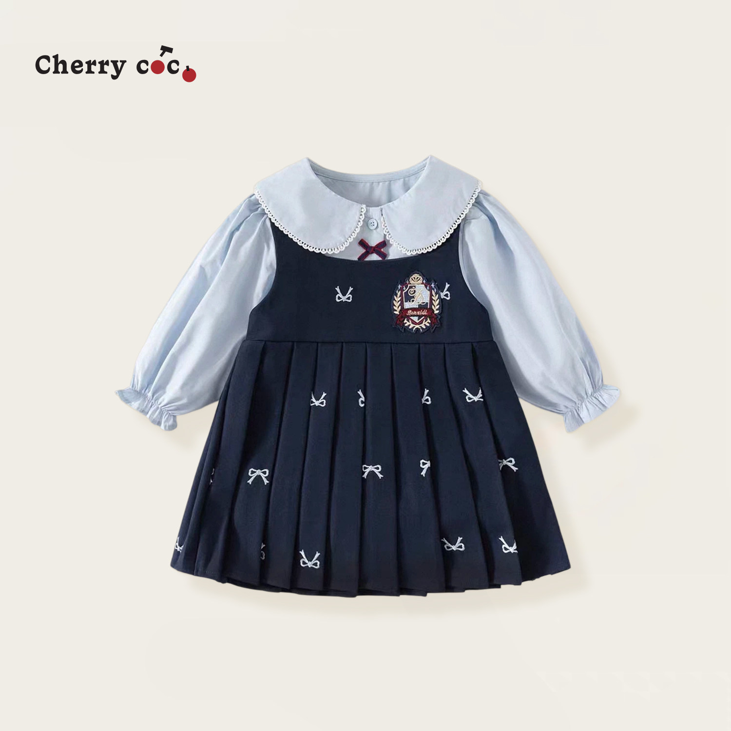 Cherrycoco女童套装秋冬新款女宝宝学院风娃娃领衬衫背心裙二件套