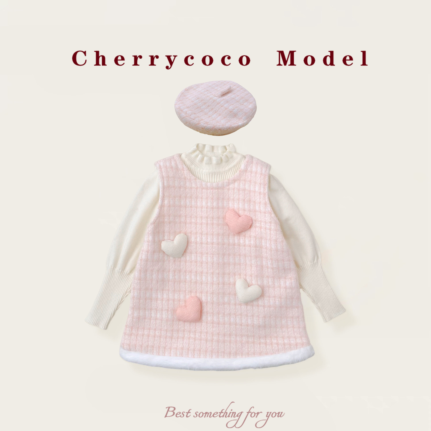CHERRYCOCO女童套装2025秋冬新款女宝宝甜美公主毛呢背心裙三件套
