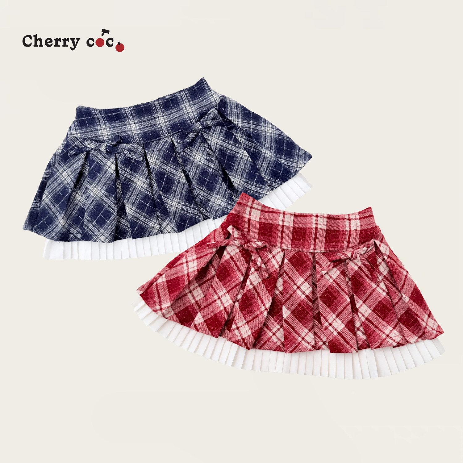 Cherrycoco女童半身裙秋冬新款女宝宝洋气百褶毛呢拼接褶皱格子裙