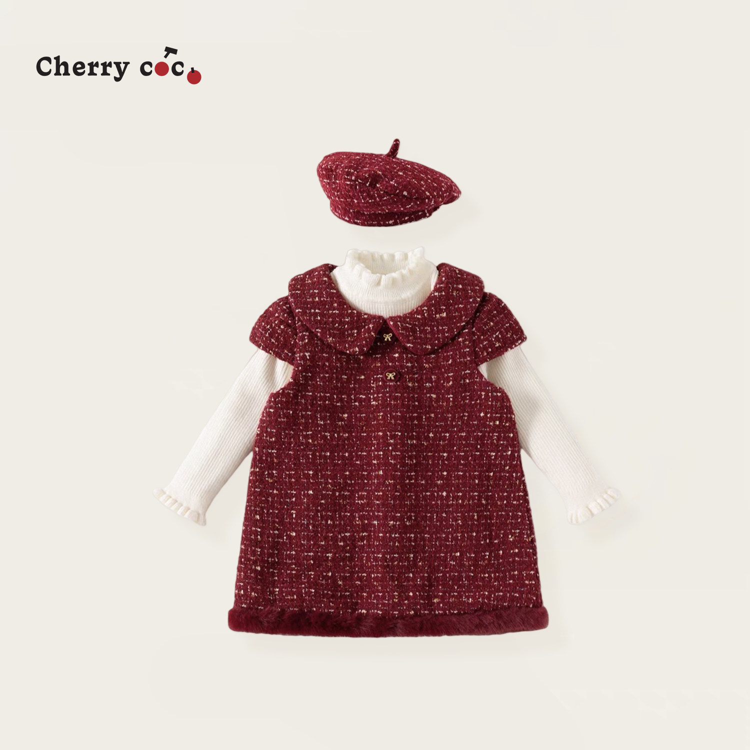 Cherrycoco女童套装秋冬新款女宝宝洋气毛呢背心裙公主裙三件套
