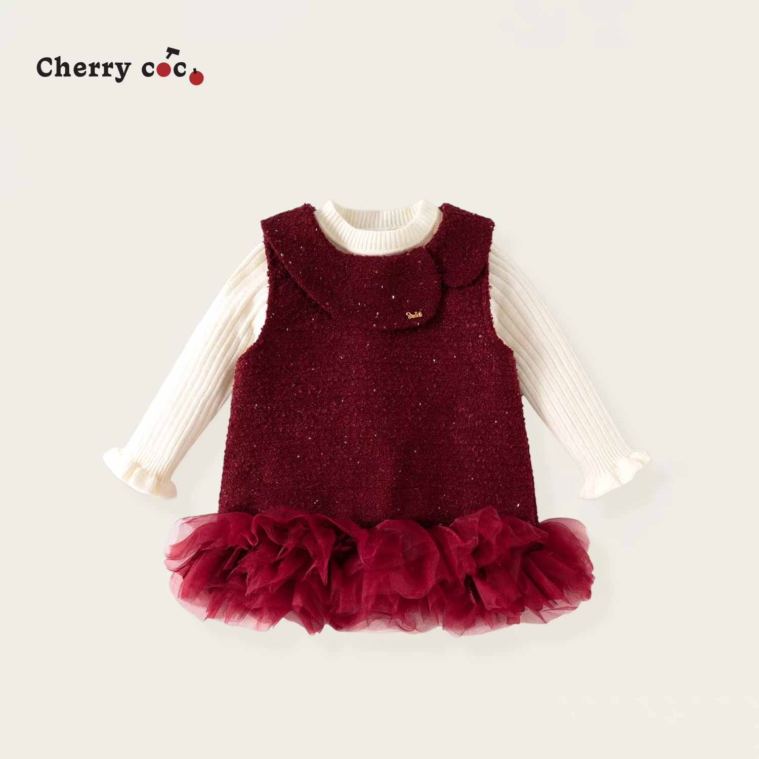 Cherrycoco女童套装秋冬新款女宝宝洋气毛呢公主背心裙毛衣二件套
