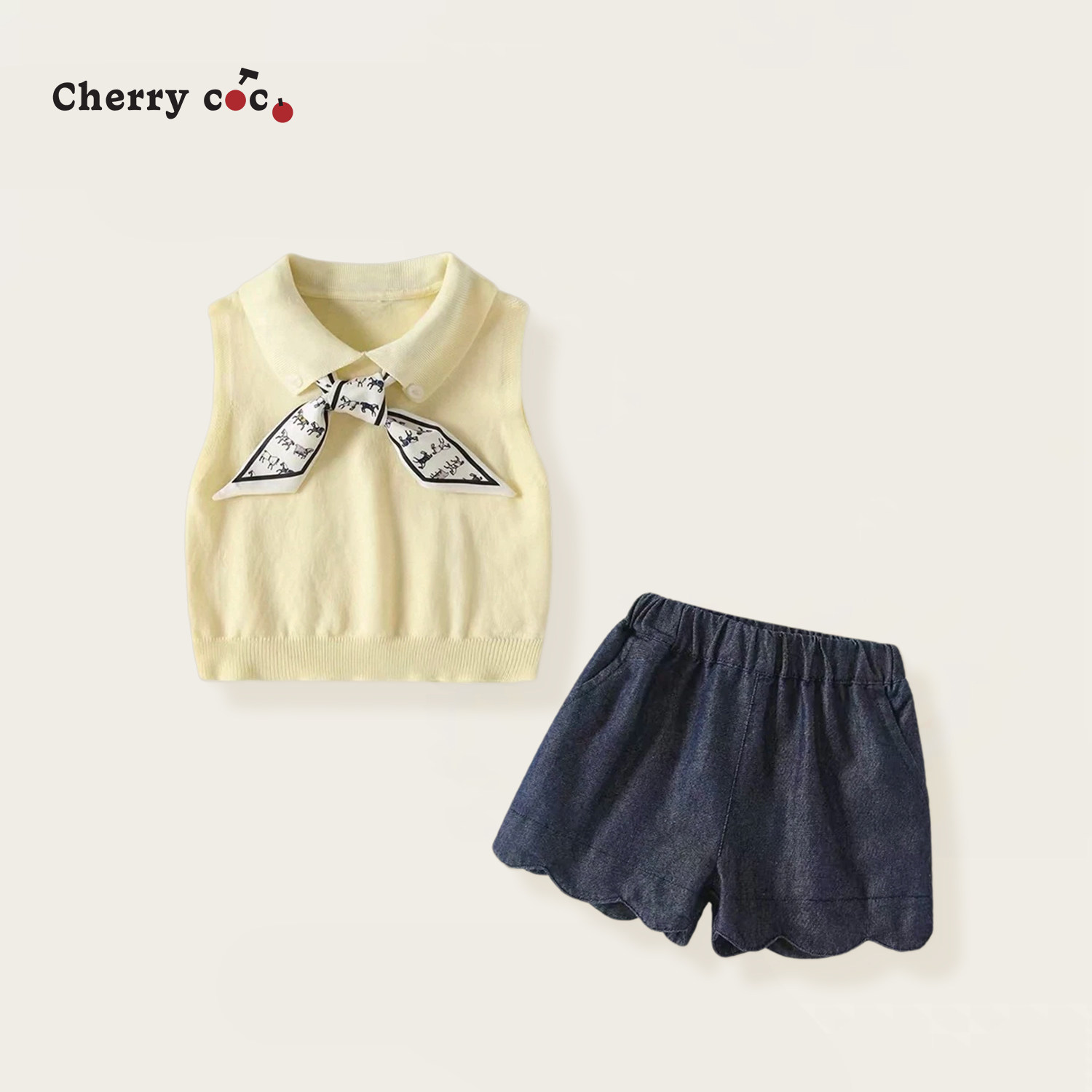 CHERRYCOCO女童套装夏季新款女宝宝冰丝针织背心牛仔短裤二件套