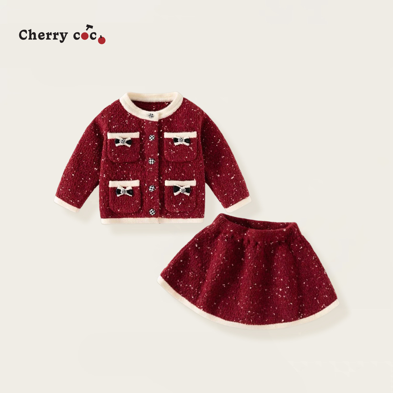 Cherrycoco女童套装秋冬新款女宝宝洋气千金小香风外套短裙二件套